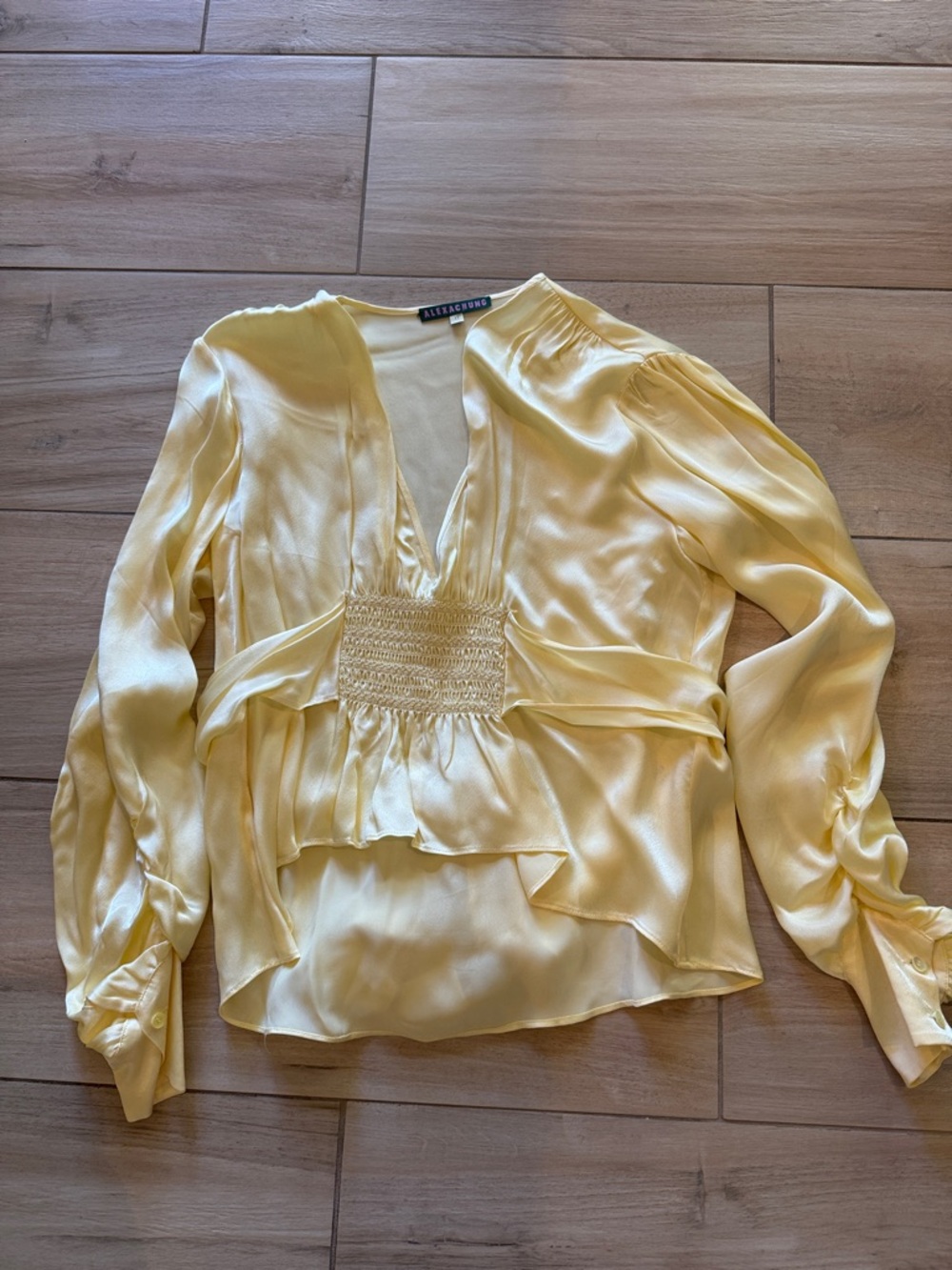 Alexa Chung Pale Yellow Satin V-Neck Peplum Blouse